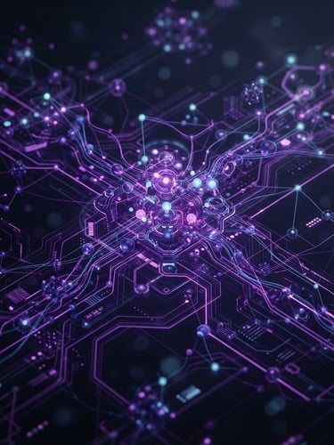 Abstract 3D nodes and glowing vector connection lines, deep purple neon accents, dark background, clean interface details, shallow depth of field, isometric diagram, structural layout.