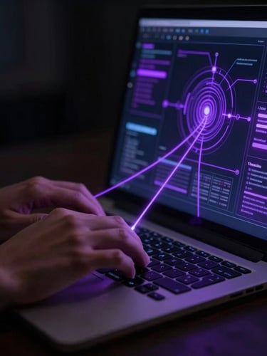 Close-up portrait of hands typing on a laptop with glowing purple lines connecting to other abstract system interfaces on a dark screen, moody tech photography, shallow depth of field.