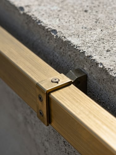 Extreme close-up of raw architectural materials, textured concrete and brushed brass details under bright daylight, highlighting structural precision.