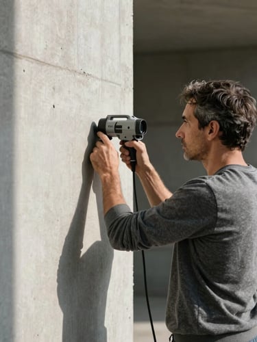 Primer plano de un arquitecto midiendo con láser un muro de hormigón visto, luz natural lateral, líneas limpias y sombras marcadas.