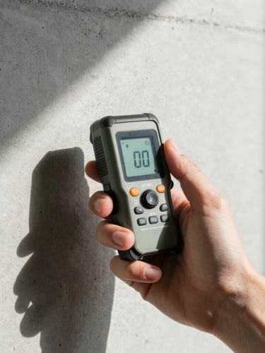 Extreme close-up of a professional hand holding a digital laser distance meter against a clean concrete wall texture, sharp architectural shadows, natural daylight.