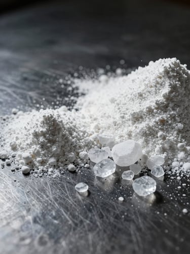 Wide panoramic close-up of white lithium carbonate powder and crystalline lithium hydroxide samples arranged on a dark steel surface, studio strobe lighting from above-left casting sharp shadows that reveal texture and purity, right-side composition with generous dark space to the left