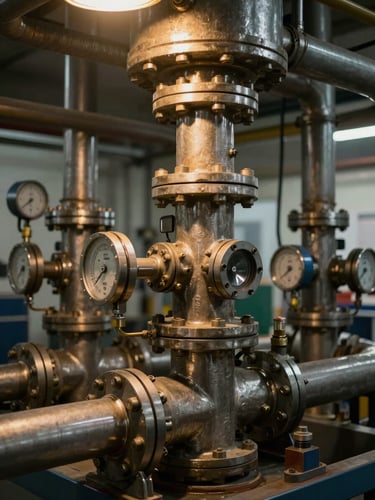 Close-up of industrial process pipework and valve manifold inside a modular extraction unit, amber overhead lighting casting hard shadows across steel flanges and instrumentation fittings, tight framing with no human subjects