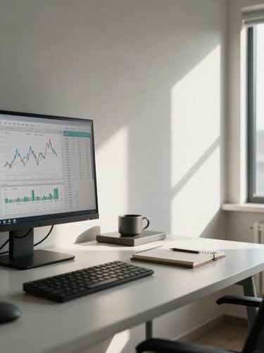 Wide modern workspace panorama, a dark monitor displaying clean financial dashboard charts to the left third, organized desk with notebook and minimal objects, north-facing daylight streaming from the right, muted tones, strategic calm