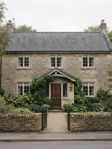 Dignified editorial photography of a quiet residential home exterior in soft overcast daylight, muted earth tones, focus on architectural stability, 35mm lens.