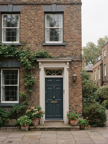 Dignified editorial photography of a warm, quiet residential brick exterior in soft overcast daylight, 35mm lens