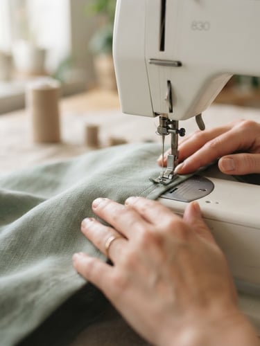 Soft-focus close-up of hands gently guiding muted sage green fabric through a sewing machine, diffused morning daylight, shallow depth of field, neutral linen background.