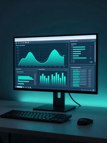 Sleek tech photography of a minimalist workspace with a glowing monitor displaying structured analytical graphs, cool low-key lighting with sharp neon teal tones, 35mm