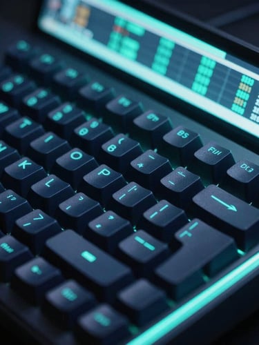 Macro close-up of a high-tech mechanical keyboard and a clean digital screen displaying systematic performance metrics, dark room, neon teal glow