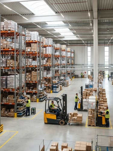 Wide environmental shot of a clean, organized modern logistics hub, bright natural daylight, structured warehouse inventory, sharp focus, realistic documentary style