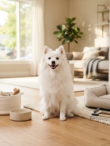 A fluffy, pure white Japanese Spitz dog sitting happily in a sunlit modern living room, surrounded by minimalist EVERDOG™ products, wide shot, warm natural light.