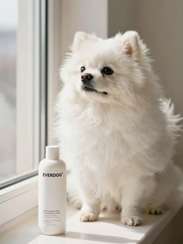 A medium shot of a fluffy white Japanese Spitz looking contentedly out a sunlit window, with a minimalist EVERDOG™ product subtly in the foreground, warm and clean aesthetic.