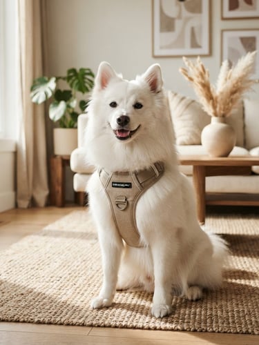 Pure white Japanese Spitz wearing an EverHarness Pro™ harness in a sunlit modern living room, looking happy and comfortable, harness detail visible, wide shot, soft natural daylight, warm beige and white tones, shallow depth of field.