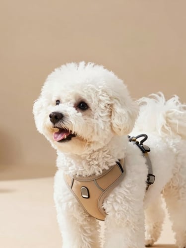 Portrait shot of a happy, fluffy white Japanese Spitz dog wearing a premium harness, looking comfortable and content, in a sunlit modern studio, shallow depth of field, warm beige tones, dog's profile facing left, product clearly visible.
