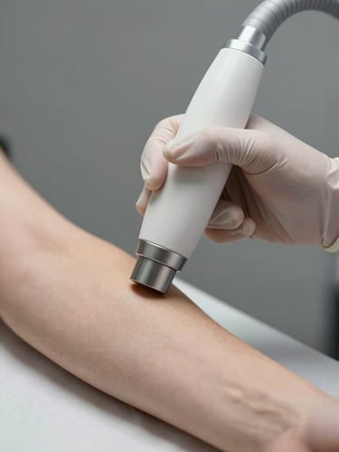 Close macro shot of a dermatologist's gloved hands positioning a clinical laser handpiece against a patient's forearm under controlled studio strobe lighting, skin texture rendered in sharp detail, neutral grey background, no face visible, equipment identifiable and clinical