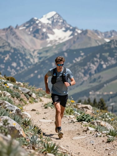 Crisp editorial photo of a mountain runner trail training in Park City, bright natural daylight, fresh blue sky, shallow depth of field, 35mm