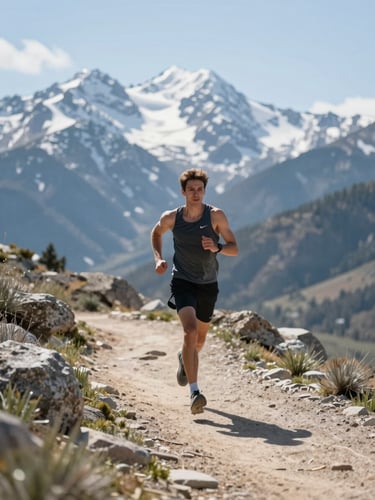 Crisp editorial photo of an athlete running on a sunlit Park City trail, bright mountain daylight, fresh alpine air, shallow depth of field, 35mm
