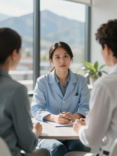 Bright sunlit professional nutrition consultation in a modern Park City office, crisp mountain daylight, fresh blue and herbal gray tones, shallow depth of field, 35mm editorial photography