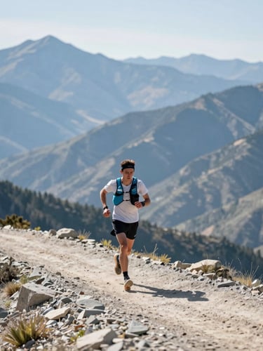 Crisp editorial photography of an athlete trail running on a sunlit Park City mountain ridge, bright natural daylight, shallow depth of field, 35mm