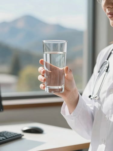 Crisp editorial photo of a clinical nutritionist in a sunlit Park City office, holding a glass of water, natural mountain daylight, shallow depth of field, 35mm