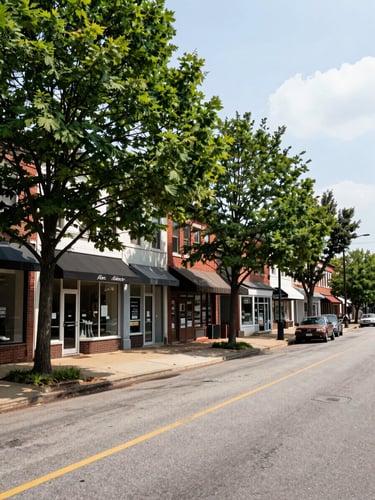 Panoramic street-level view of a Springfield Virginia neighborhood block, retail storefronts visible along Amherst Avenue, mature street trees lining the sidewalk, midday daylight, wide establishing shot showing the commercial district context with no pedestrians