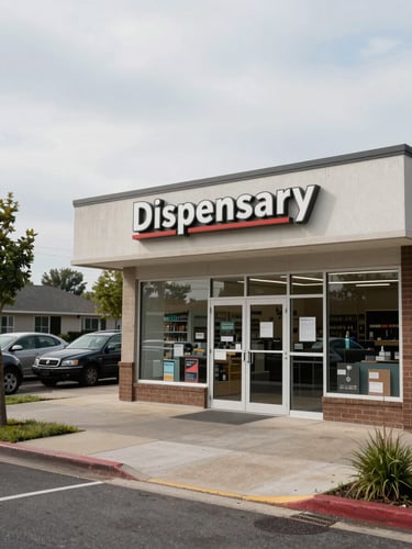 Wide daylight exterior shot of a retail dispensary storefront on a suburban commercial street, clean signage visible above the entrance, parked cars along the curb to the left, overcast natural light, documentary framing showing the full building facade and sidewalk approach