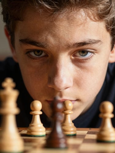 Tight close-up of a student's eyes reflecting intense concentration, looking down at a wooden chessboard, warm directional spotlighting casting sharp shadows.