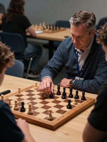 Medium shot of a quiet tournament room, a coach analyzing a complex endgame position on a large wooden demonstration board with a student, high-contrast directional lighting.