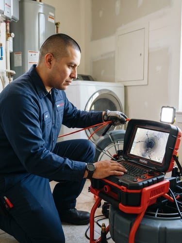 A professional Pipe Rescue technician in a clean navy uniform operating high-tech diagnostic equipment inside a Houston home, bright natural daylight, 35mm lens.