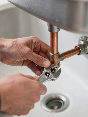 Close-up of a professional plumber's hands using a wrench to secure a copper pipe joint under a kitchen sink, crisp work light, 35mm lens