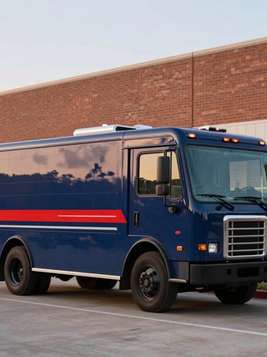 A clean, modern commercial plumbing service truck parked outside a large Houston brick facility at dawn, soft morning light, professional framing