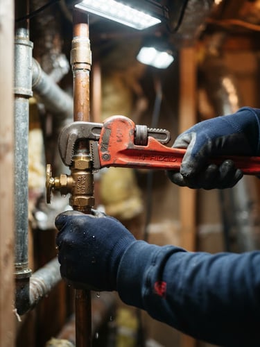 Tight action close-up of a professional plumber's hands using a heavy wrench to secure a copper pipe valve under bright work lights, water droplets visible.