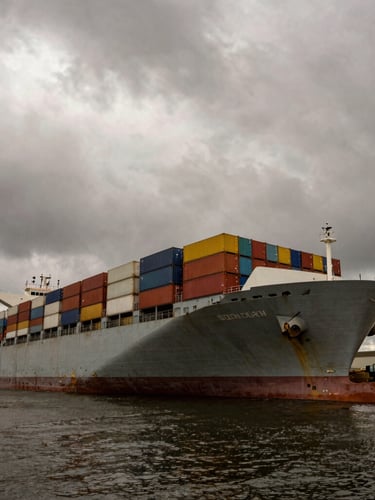 Wide-angle architectural perspective of a massive container vessel docked at a deep-water port, dramatic overcast sky, low-key lighting with desaturated steel and gold tones.