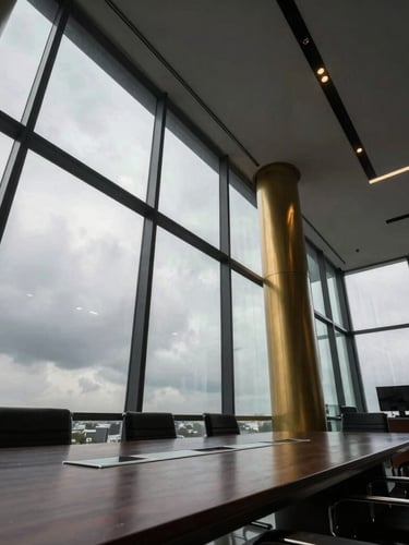 Low-angle heroic shot of a modern executive boardroom in Dhaka, dramatic overcast sky visible through massive floor-to-ceiling windows, desaturated steel and gold tones, architectural lens.