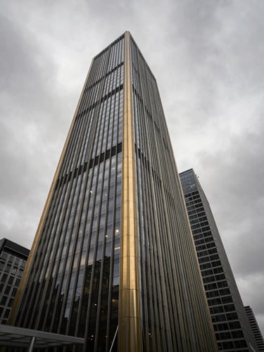 Low-angle architectural perspective of a modern international trade center, dramatic overcast sky, desaturated steel and gold tones.