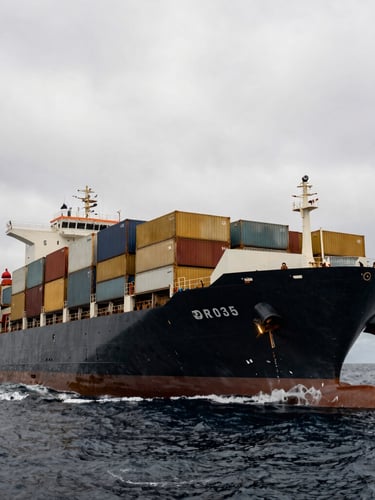 Low-angle dramatic shot of a massive container vessel cutting through deep ocean under overcast skies, desaturated steel and gold tones, wide-angle lens