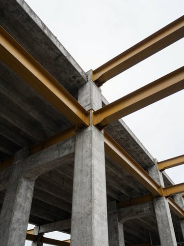 Low-angle architectural perspective of a modern concrete and steel infrastructure project, overcast daylight, desaturated steel tones