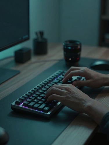 Sleek minimalist workspace in coastal Portugal, moody low-key lighting with a cool electric teal ambient glow, hands typing on a mechanical keyboard, shallow depth of field, 35mm lens