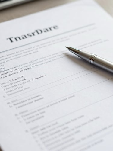 Close-up of high-quality corporate paperwork, a clean pen resting on a technical document, bright natural light, professional editorial style, 35mm