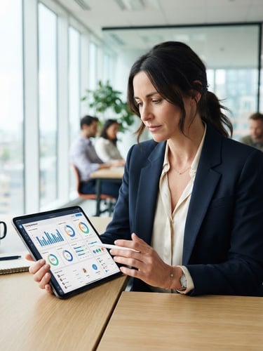 Professional editorial photography, bright natural office light, a female HR manager analyzing a modern training dashboard on a tablet, clean corporate tones, medium shot, 35mm