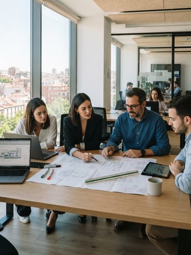 Bright modern office workspace in Madrid, professionals collaborating over technical blueprints and laptops, natural daylight, clean corporate tones, 35mm
