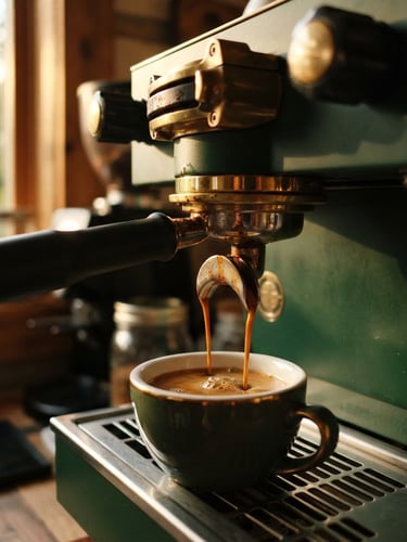 A close-up of rich espresso extracting from a sleek espresso machine portafilter, warm golden-hour window light, deep forest green and gold tones, shallow depth of field, 35mm