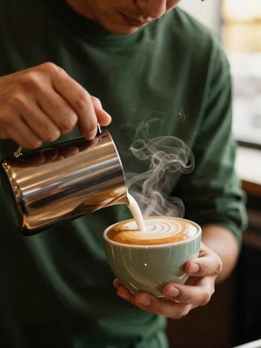 Close-up of a professional barista pouring microfoam into a ceramic cup making perfect latte art, steam rising, warm ambient lighting, elegant event setting