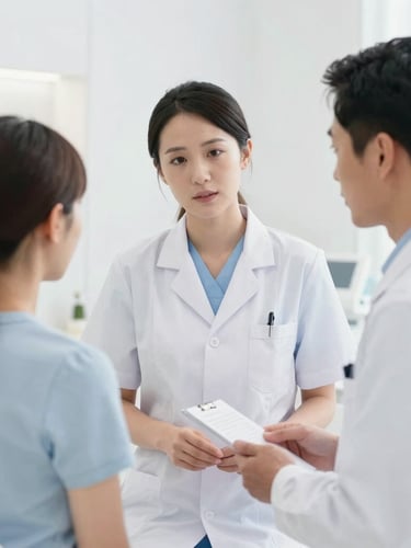 A professional dermatologist in clinical attire consulting with a patient in a bright, modern treatment room, soft studio lighting, clean medical environment.
