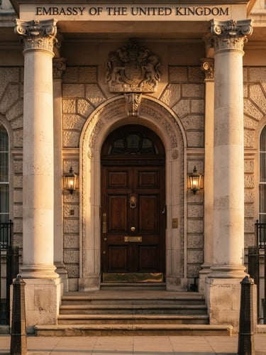 Symmetrical architectural crop of a classical embassy entrance, warm golden hour light reflecting on limestone pillars, elegant and secure aesthetic.