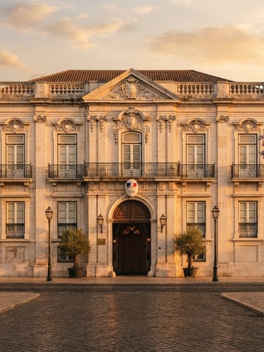 Symmetrical architectural framing of a classic European embassy facade in Lisbon, soft golden hour sunlight reflecting off stone arches, elegant high-end travel feel, 35mm lens.