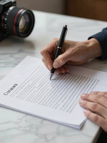 Close-up of hands signing a structured contract on a clean marble desk, natural lighting, highlighting precision and trust.