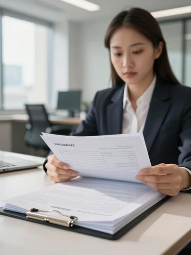 Portrait shot of a professional organizing legal paperwork in a bright modern office, crisp daylight, sharp focus on the documents.