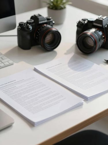 Bright, natural daylight illuminating a modern workspace with legal documents organized on a desk and professional camera gear in the background.
