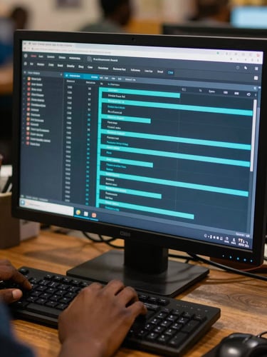 Close-up of a dark CRM dashboard interface on a monitor in a busy African restaurant back-office, cyan data rows and pipeline stages visible, operator's hand on keyboard mid-entry, screen glow as the only light source